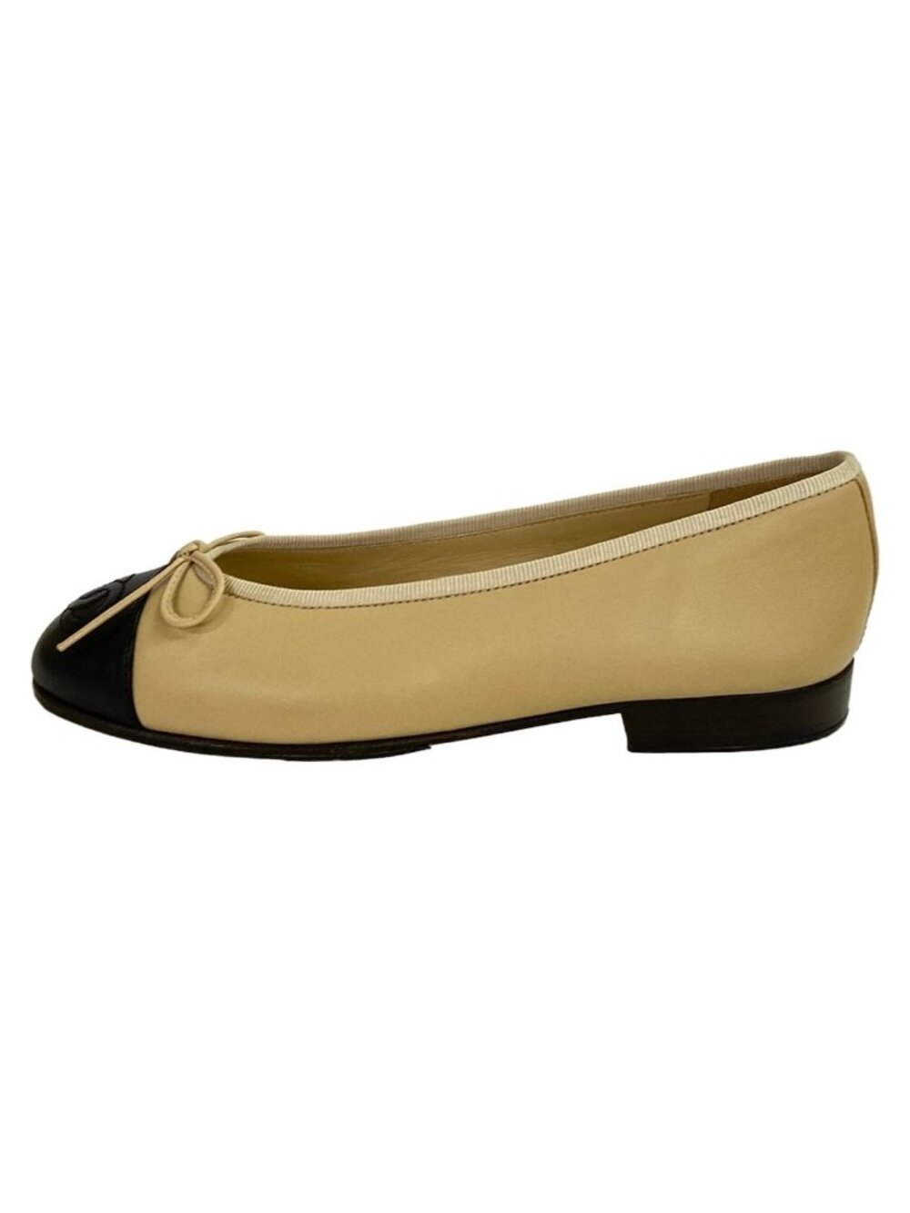 Chanel Flat Shoes Beige Black CC Logo Ribbon Lambskin